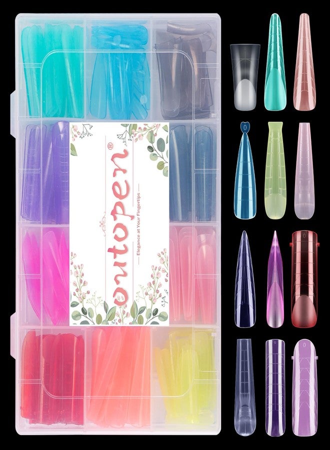 Outopen 288pcs Long Mixed Dual Nail Forms Clear Multicolor Full Cover Nail Art Mold with Scale for Polygel Extension Beginners DIY Manicure 12 Styles Long Duck Stiletto Square Almond Mixed Nail Forms - Image 1
